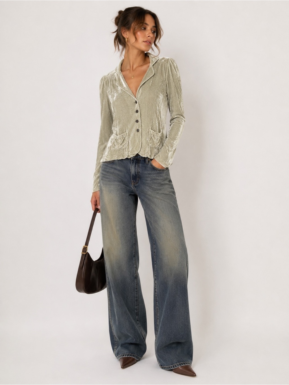 J. Jill Crushed Velvet Button Front Blazer Jacket Sage Green Small Soft Stretch